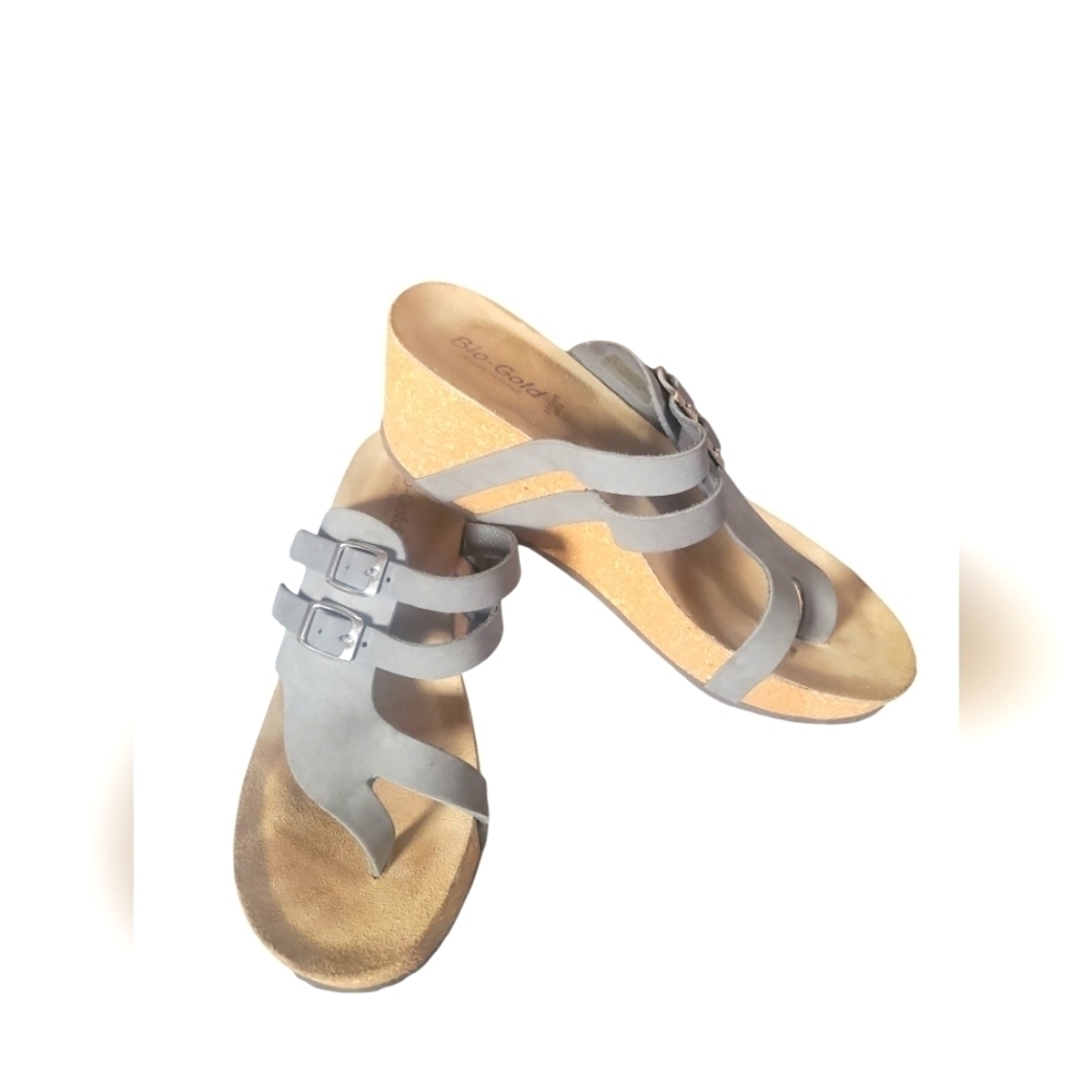 Bio-Gold Women's Gray Leather Cork Wedge Made In Italy Sandals SZ 9 - Picture 2 of 9